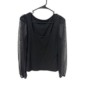 Black Square Neck Mesh Puff Sleeve Top Coquette Y2K Romantic Goth Ribbed Medium